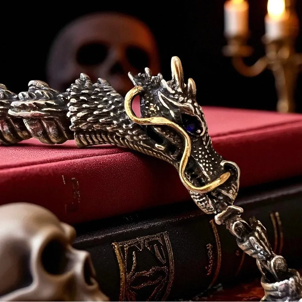 Bold Silver and Brass Toned Ouroboros Blue Eyed Dragon Bracelet 8.5”